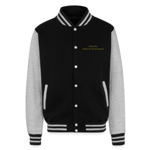 Load image into Gallery viewer, God is Love (Gold Letter) Letterman Jacket Unisex - black/heather grey