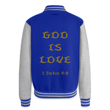 Load image into Gallery viewer, God is Love (Gold Letter) Letterman Jacket Unisex - royal/heather grey