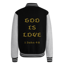 Load image into Gallery viewer, God is Love (Gold Letter) Letterman Jacket Unisex - black/heather grey