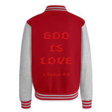 Load image into Gallery viewer, God is Love (Red Letters) Letterman Jacket Unisex - red/heather grey