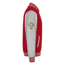 Load image into Gallery viewer, God is Love (Gold Letter) Letterman Jacket Unisex - red/heather grey