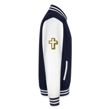 Load image into Gallery viewer, God is Love (Gold Letter) Letterman Jacket Unisex - navy/white