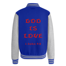 Load image into Gallery viewer, God is Love (Red Letters) Letterman Jacket Unisex - royal/heather grey