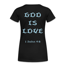 Load image into Gallery viewer, Women's God is Love (Baby Blue Letter) Tee - black