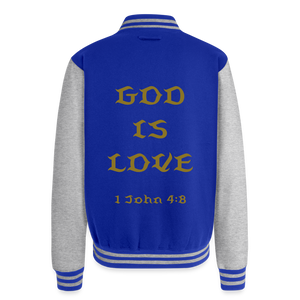 God is Love (Gold Letter) Heavyweight Letterman Jacket - royal/heather grey