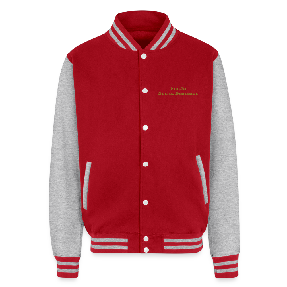 God is Love (Gold Letter) Letterman Jacket Unisex - red/heather grey