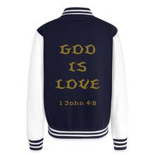 Load image into Gallery viewer, God is Love (Gold Letter) Letterman Jacket Unisex - navy/white
