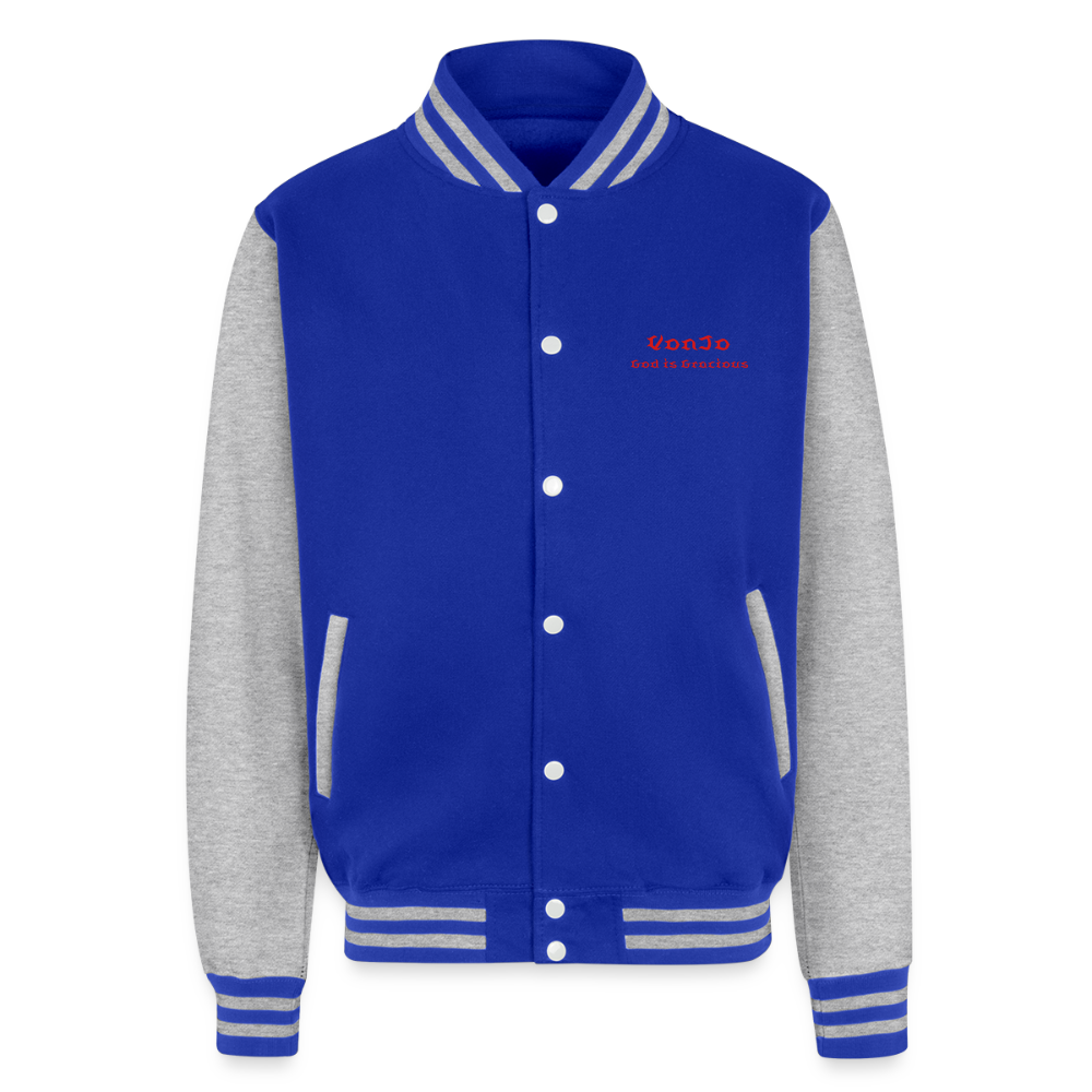 God is Love (Red Letters) Letterman Jacket Unisex - royal/heather grey