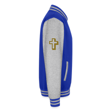 Load image into Gallery viewer, God is Love (Gold Letter) Letterman Jacket Unisex - royal/heather grey
