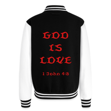 Load image into Gallery viewer, God is Love (Red Letters) Letterman Jacket Unisex - black/white
