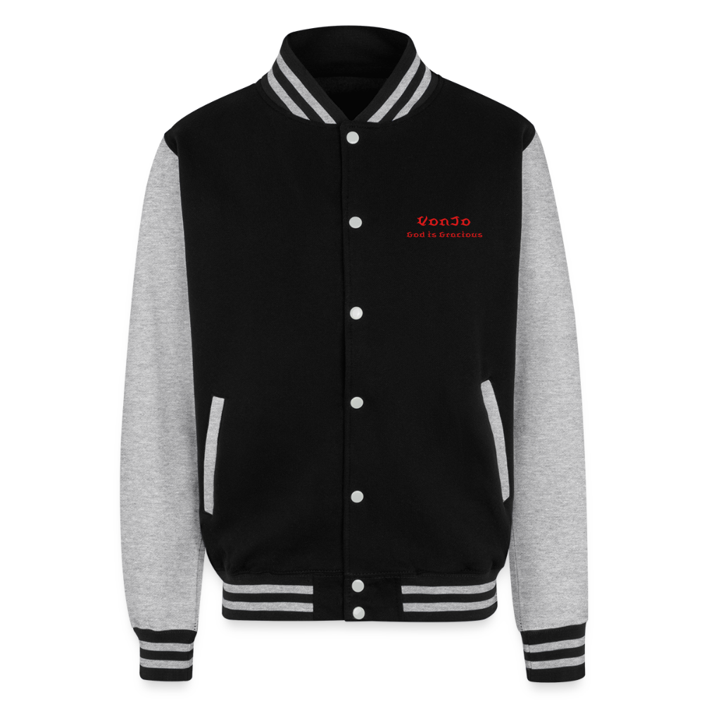 God is Love (Red Letters) Letterman Jacket Unisex - black/heather grey