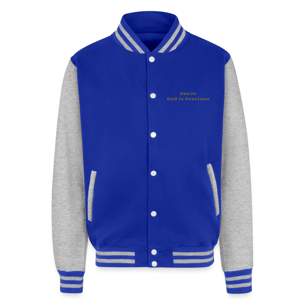 God is Love (Gold Letter) Letterman Jacket Unisex - royal/heather grey