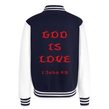 Load image into Gallery viewer, God is Love (Red Letters) Letterman Jacket Unisex - navy/white
