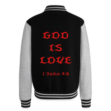 Load image into Gallery viewer, God is Love (Red Letters) Letterman Jacket Unisex - black/heather grey
