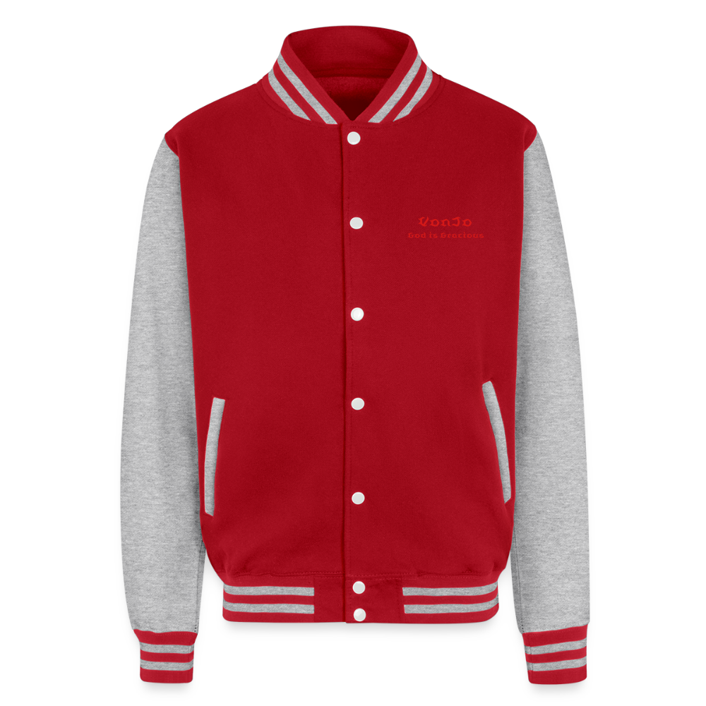 God is Love (Red Letters) Letterman Jacket Unisex - red/heather grey