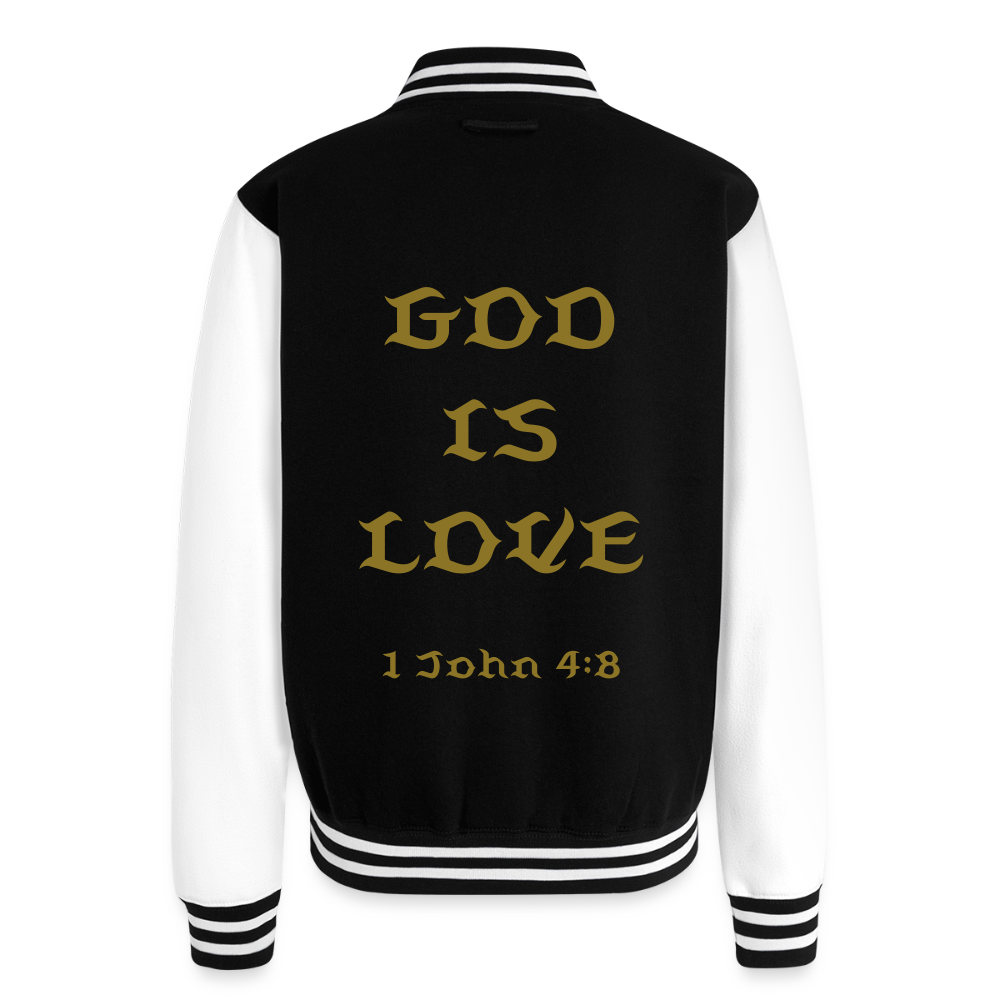 God is Love (Gold Letter) Letterman Jacket Unisex - black/white