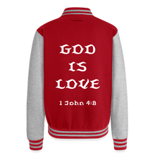 Load image into Gallery viewer, God is Love Heavyweight Letterman Jacket - red/heather grey
