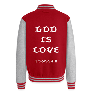 God is Love Heavyweight Letterman Jacket - red/heather grey