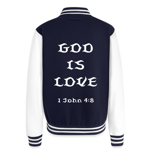 God is Love Heavyweight Letterman Jacket - navy/white