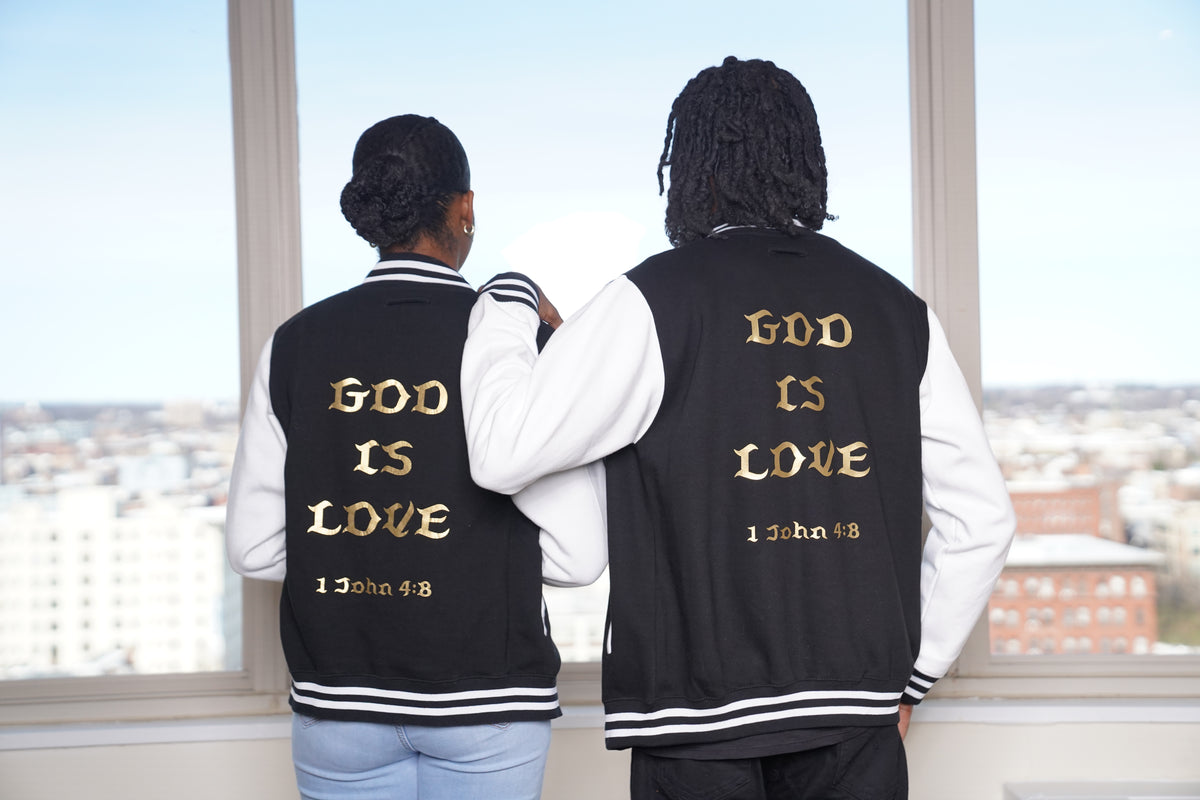 God is Love (Gold Letter) Letterman Jacket Unisex